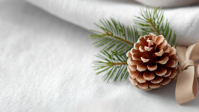 Rustic pine cone resting on soft fabric with delicate green needles and ribbon accent