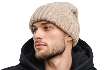 Casual winter fashion photo of man in beanie studio setting. Isolated on transparent background, png.