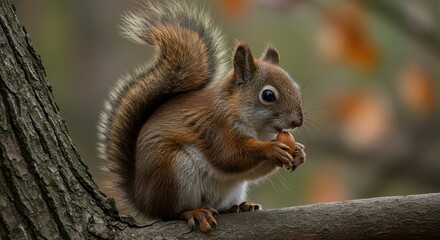 Squirrel eating a nut on a tree branch