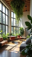 Fototapeta premium Modern and Bright Indoor Space with Abundant Greenery and Large Windows Creating a Serene and Inviting Atmosphere for Relaxation and Work