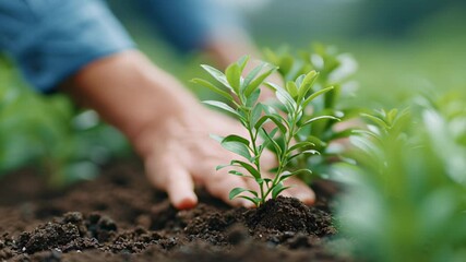 Hands gently planting young green plant in rich soil, symbolizing growth and nurturing