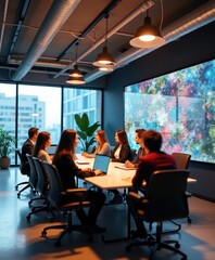 Obraz premium Modern Office Meeting with Diverse Professionals Engaged in Discussion and Collaboration in Front of a Colorful Display in a Contemporary Workspace