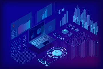 Futuristic 3D illustration of a laptop with holographic charts and graphs, ideal for tech and data analysis themes.