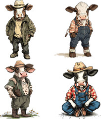 Cow wearing farmer clothes vector style on white background