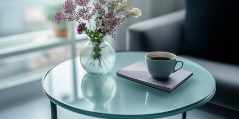 Contemporary lounge with a glass table, coffee and flower bouquet.