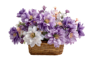 Obraz premium Floral arrangement with purple flowers indoor setting still life. Isolated on transparent background, png.