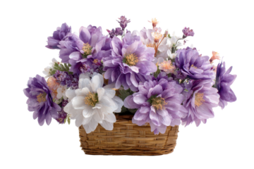 Floral arrangement with purple flowers indoor setting still life. Isolated on transparent background, png.
