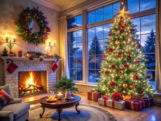 Fototapeta premium Festive christmas tree and fireplace create a cozy holiday atmosphere in a beautifully decorated room