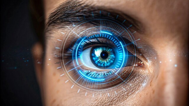 Human blue eye with futuristic digital scan and virtual hud interface

