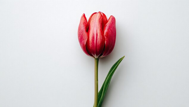 Single red tulip on white background