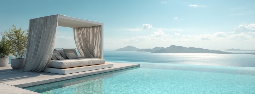 Infinity pool overlooking ocean with draped daybed and mountains