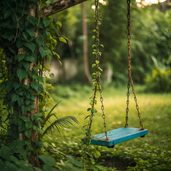 vertical closeup of an old blue swing in a garden