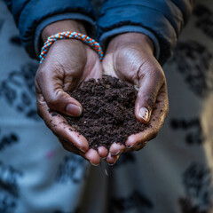 African hands holding rich dark soil
