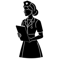 Nurse holding clipboard black vector silhouette medical