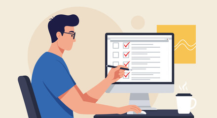 Vector illustration man checking items on a computer list