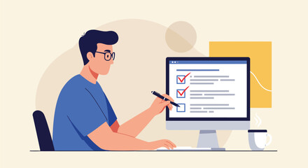 Vector illustration man checking items on a computer list