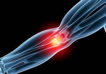 Illustration of closeup of an elbow joint showing pain and inflammation
