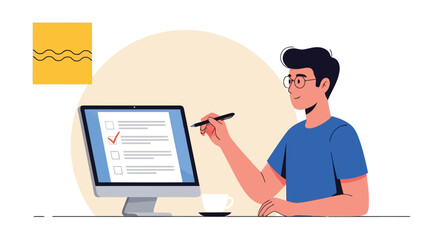 Vector illustration man checking off tasks on a computer screen