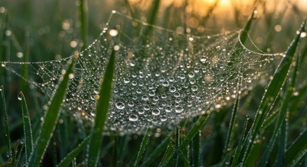 A detailed image of a spiderweb, intricately woven and glistening with numerous tiny water beads suspended between blades of dewy grass at sunrise