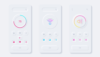 Neumorphism UI design featuring three mobile screens with various colorful icons, buttons, and progress indicators on a subtle light grey background.