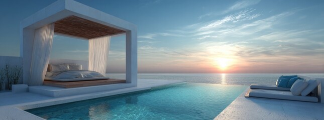 Fototapeta premium Luxury bed overlooking ocean sunset tranquil resort