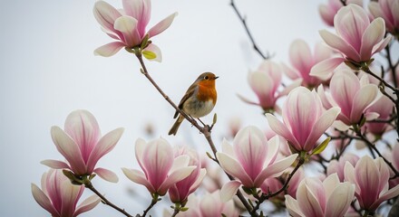  A small robin resting on a branch of magnolia flowers under a cloudy spring sky