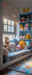 Cozy Kids Reading Nook with Plush Toys and Soft Natural Light – Playful Interior for Children’s Room Design