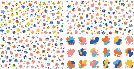 Collection of Abstract Scattered Organic Shapes. Seamless Patterns and Individual Blobs in a Vibrant, Modern, and Artistic Style.

