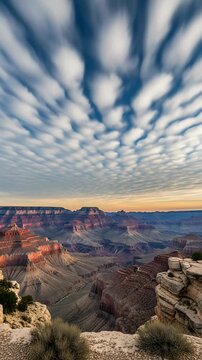 Majestic sunrise over Grand Canyon with undulatus asperatus clouds transforming in animated timelapse