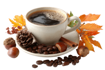 Cozy coffee moment autumn setting still life warm vibes. Isolated on transparent background, png.