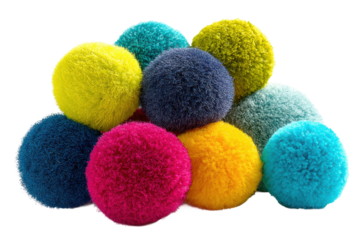 Colorful pom-pom balls for craft projects and studio photography. Isolated on transparent background, png.