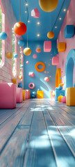 Colorful Soft Playroom with Hanging Geometric Shapes and Padded Walls – Indoor Kids Activity Space