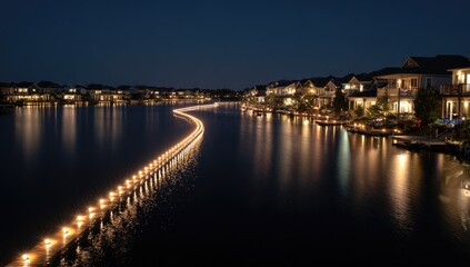 Obraz premium Nighttime canal scene with illuminated pathway