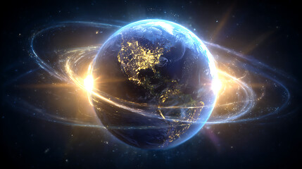 Obraz premium Stunning view of Earth illuminated by city lights, surrounded by glowing cosmic rings in space