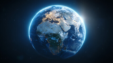 Stunning view of Earth from space showcasing continents, city lights, and the sun rising