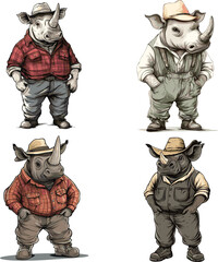 Rhinoceros wearing farmer clothes vector style on white background