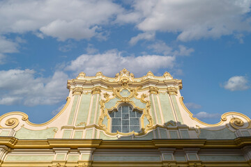 High-section of the church of Santa Maria degli Angeli (1468), decorated in late Baroque style, agaist blue sky, Sanremo (Imperia), Liguria, Italy