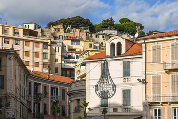 Citiscape with the medieval district called "La Pigna" (the pine cone), on a hill, Sanremo (Imperia), Liguria, Italy