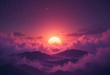 Sun setting over mountains surrounded by clouds under a starry sky