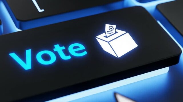 Digital voting concept with a glowing vote button on a keyboard, symbolizing online elections and democratic participation in the digital age