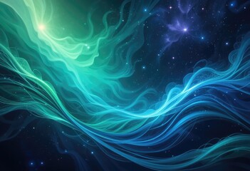 Swirling celestial patterns with blue and green hues interspersed with stars