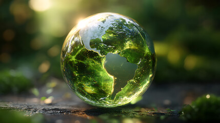 A glowing green globe representing Earth, surrounded by lush greenery and soft light in nature