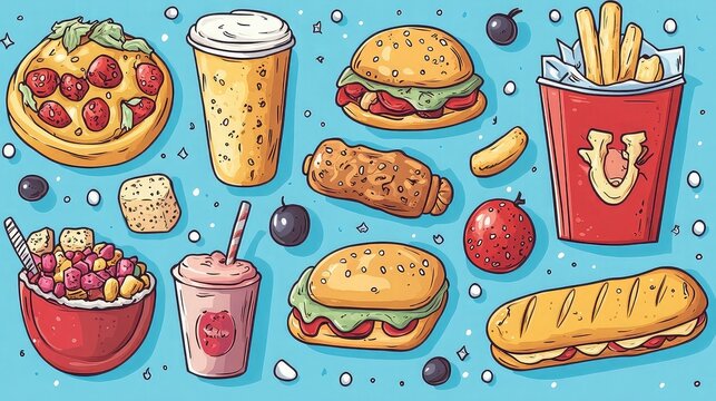 Naklejki Cartoon food illustrations showing stylized meals, snacks, and sweets in playful line art perfect for children's content, menu design, and culinary-themed merchandise artwork.
