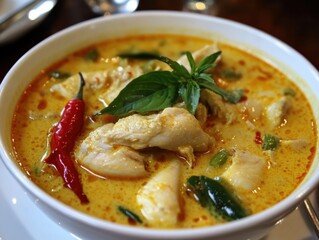 Thai chicken curry soup with coconut milk, fish sauce, curry spices, tender chicken, showcasing vibrant, creamy Thai flavors