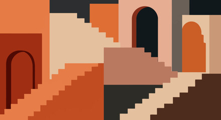 Contemporary Mid Century Boho Stairs Art Prints, Abstract Architecture Posters for Modern Wall Decor and Digital Social Media Use