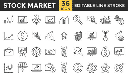 Stock Market Line Icon Set – Pixel Perfect and Outline Editable Stroke Icons collection for Stocks, Shares, Investment, Financial Goals, Trading, Stock Exchange, Bull Market, Bear Market, Portfolio