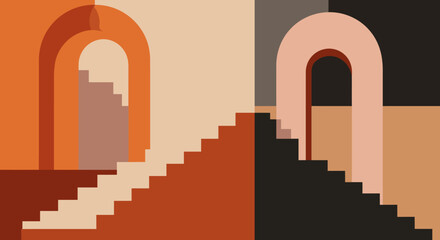 Mid Century Boho Abstract Staircase Posters, Contemporary Architectural Art Prints for Wall Decor and Social Media Stories &ndash; Vector Illustration