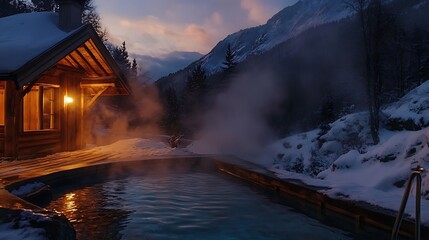 Cozy mountain lodge with a steaming outdoor bath