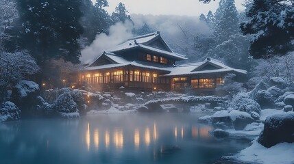 Fototapeta premium Cozy mountain retreat with a softly steaming onsen