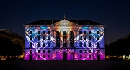 A grand historical building illuminated by a vibrant, colorful light projection show at night.